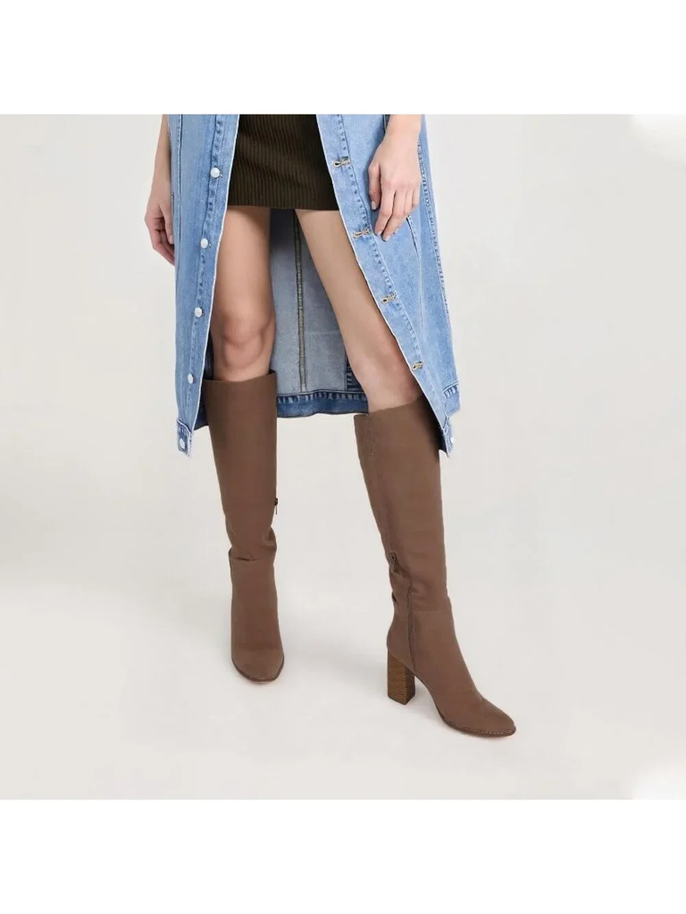 Women's Khaki Chunky Heeled Round Toe Faux Suede Side Zipper Knee High Boots